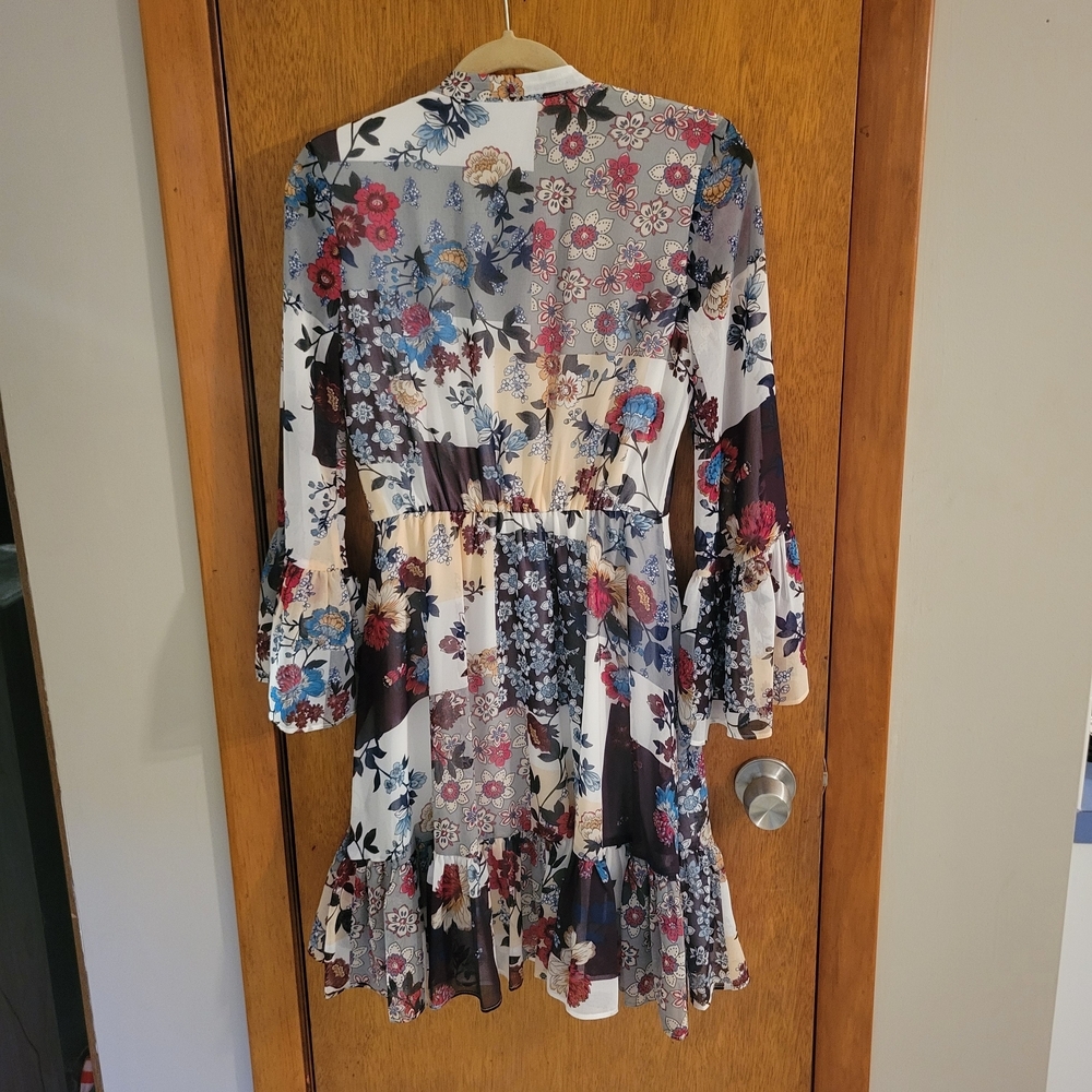 Calvin Klein Patchwork Boho Floral V-Neck Dress 2 Fall Teacher Fit Flare - Picture 4 of 6